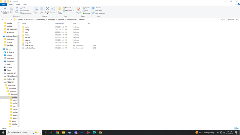 Windows Explorer: the BepInEx folder with cache, config, core, interop, patchers, plugins, unity-libs, ErrorLog.log and LogOutput.log.