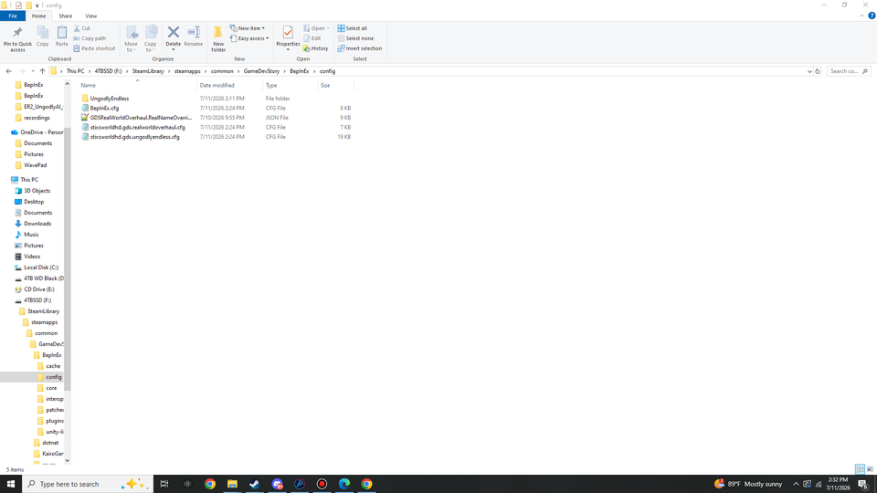 Windows Explorer: BepInEx config folder with the UngodlyEndless folder, BepInEx.cfg, the RealNameOverrides JSON and both plugin cfg files.