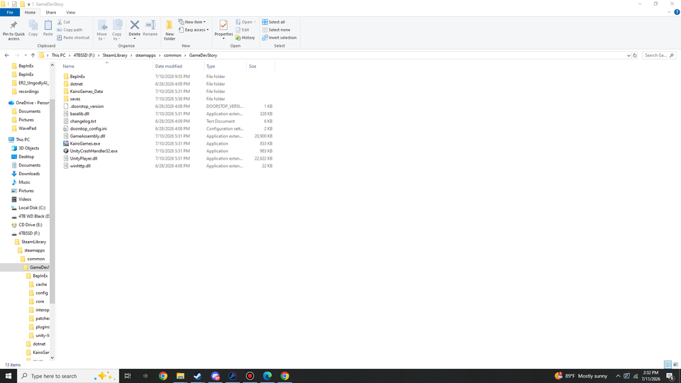 Windows Explorer: the Game Dev Story root folder with BepInEx, dotnet, KairoGames_Data and saves folders plus doorstop files, winhttp.dll, GameAssembly.dll and KairoGames.exe.