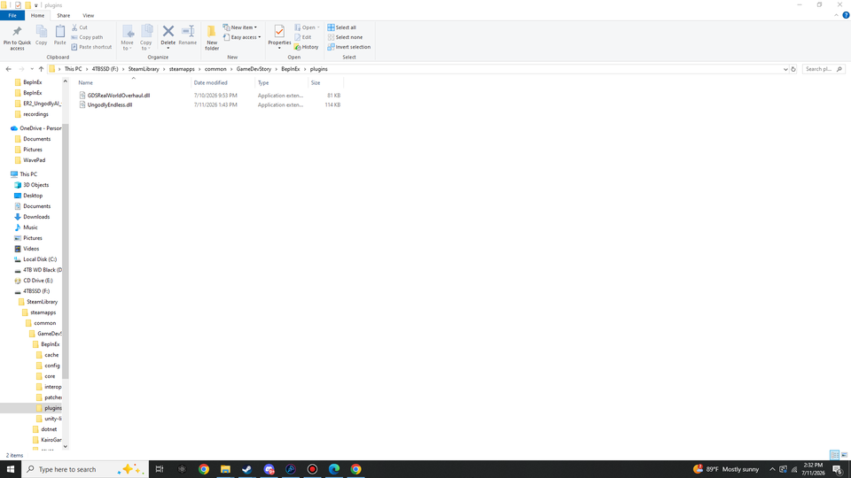 Windows Explorer: BepInEx plugins folder containing GDSRealWorldOverhaul.dll and UngodlyEndless.dll.