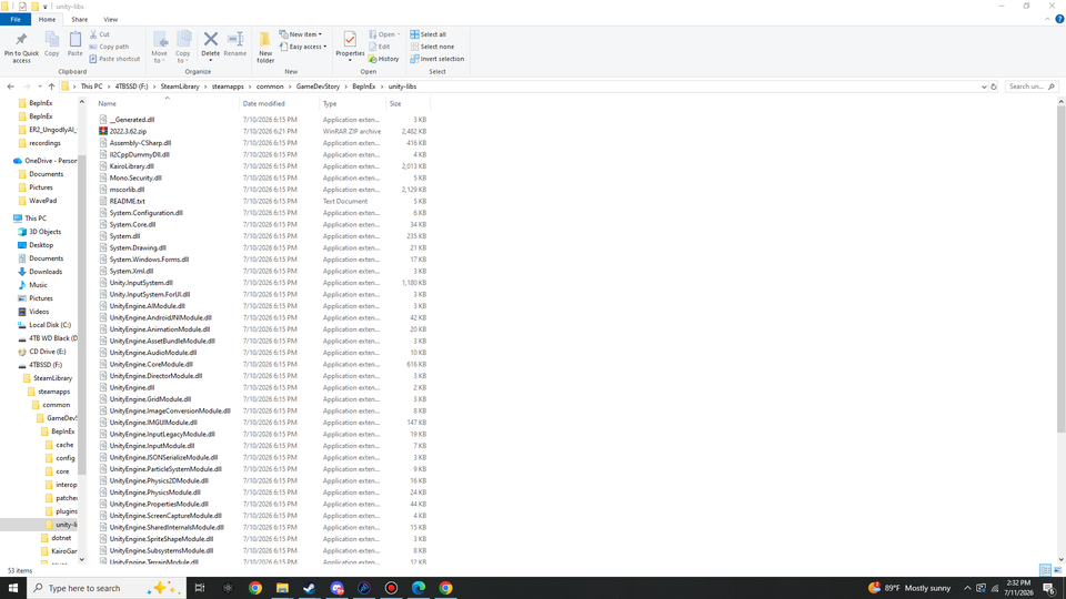 Windows Explorer: BepInEx unity-libs folder with 2022.3.62.zip and 53 extracted Unity engine assemblies.