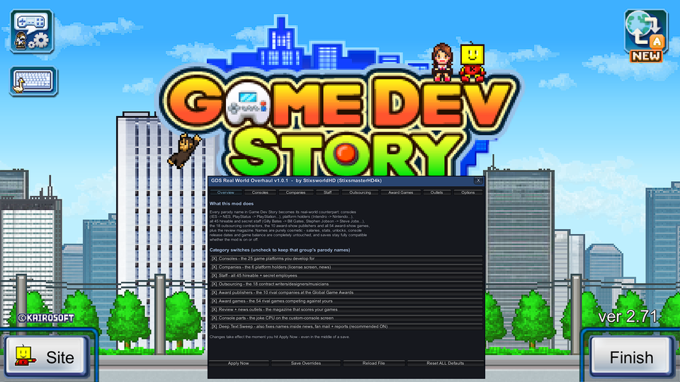 GDS Real World Overhaul v1.0.1 configuration window open over the Game Dev Story title screen, showing the Overview tab with category switches.