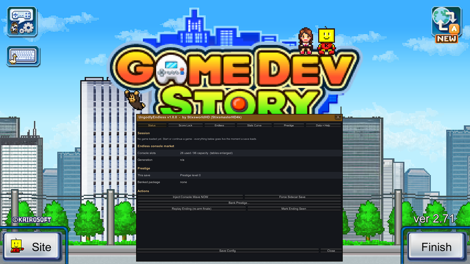UngodlyEndless v1.0.0 configuration window open over the Game Dev Story title screen, showing the Status tab with the endless console market, prestige state and action buttons.